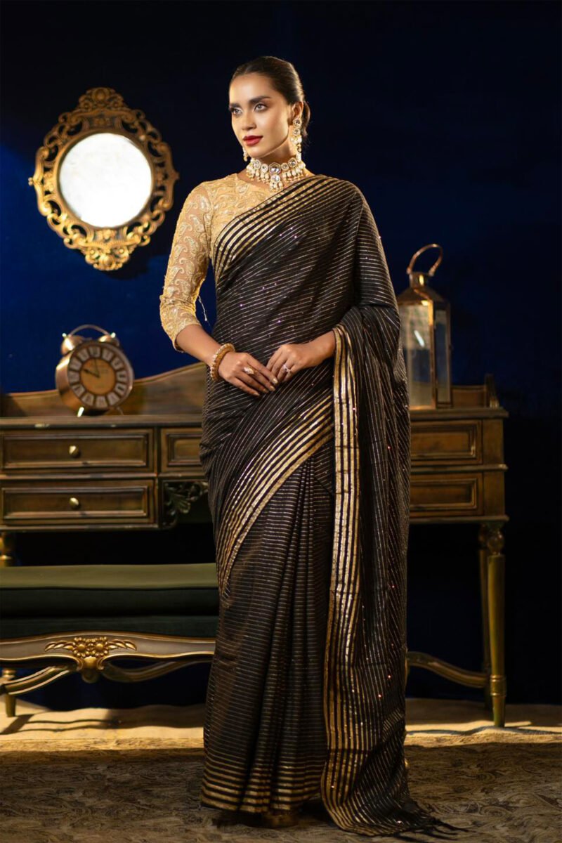 Midnight Elegance Black & Gold Saree