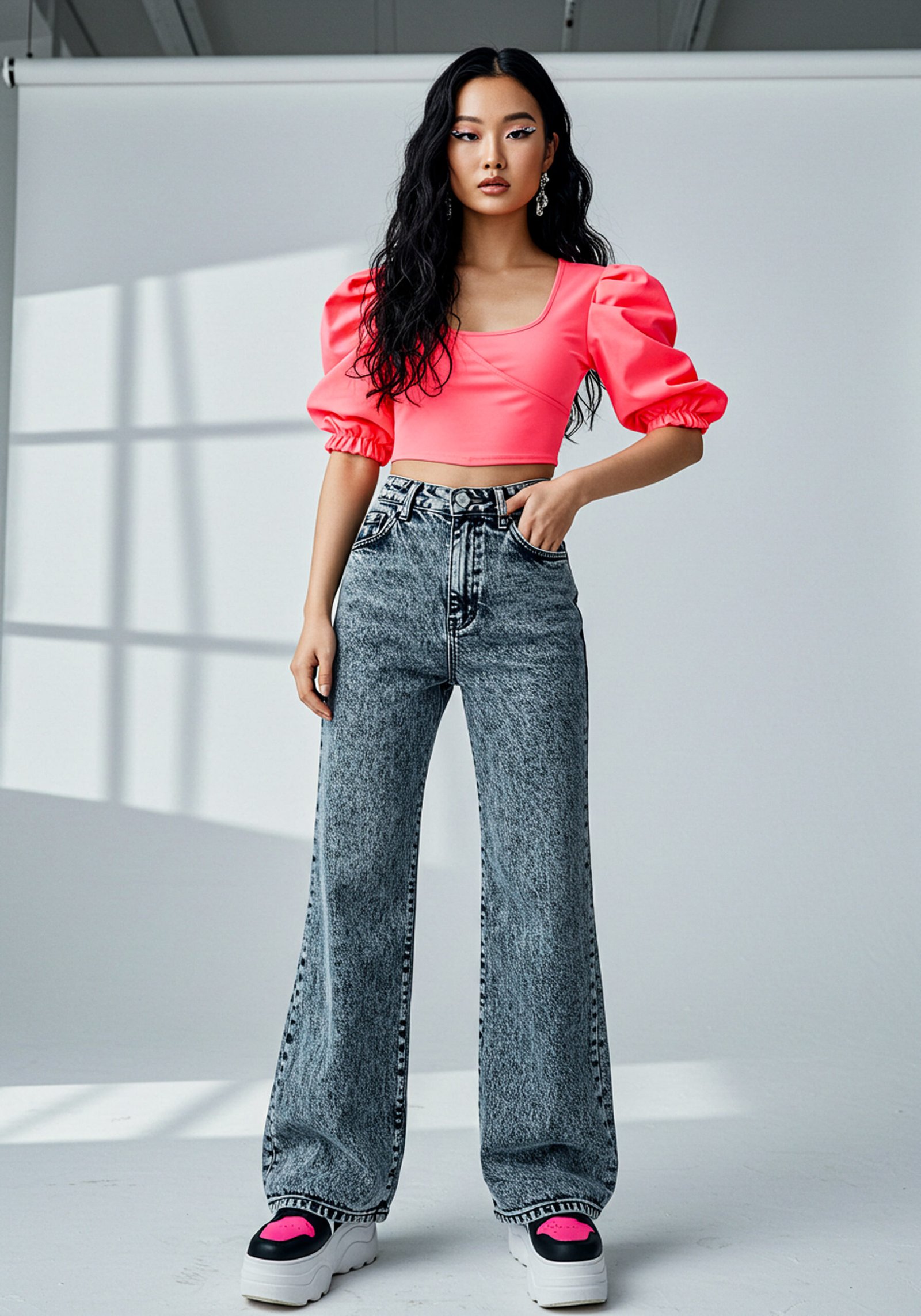 Neon Edge Acid-Wash Wide Jeans