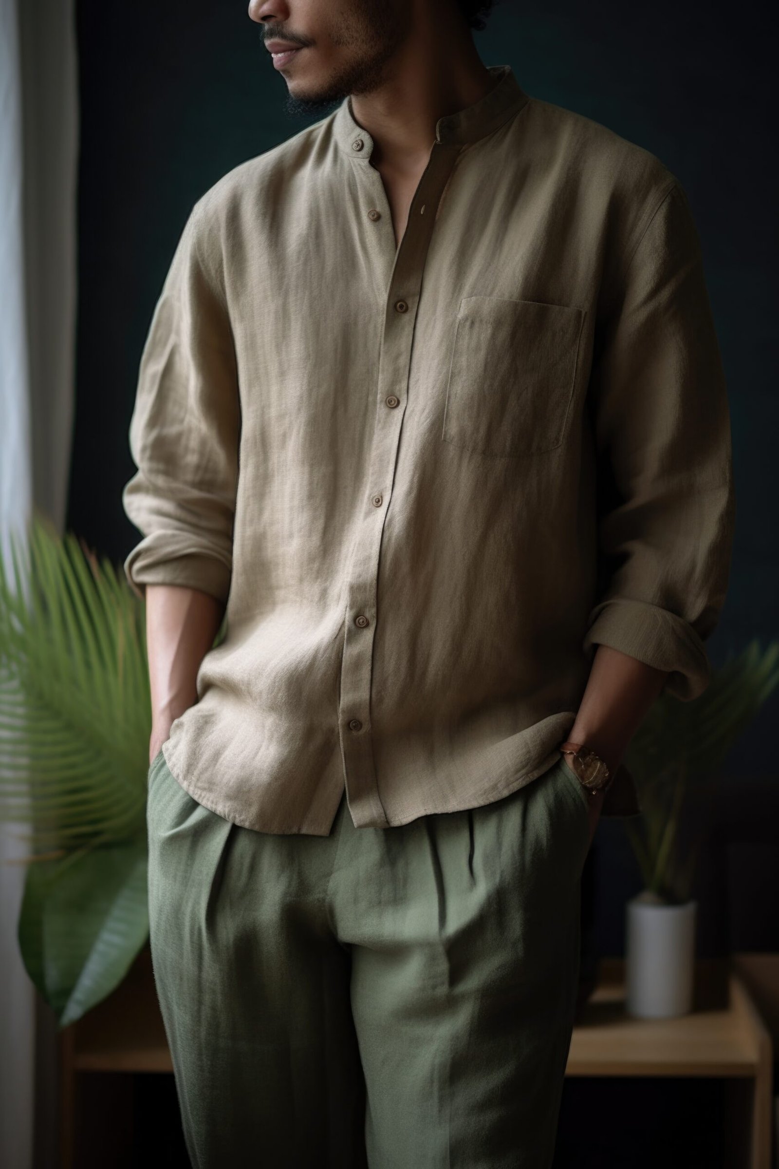 Earth-Tone Mandarin Collar Shirt