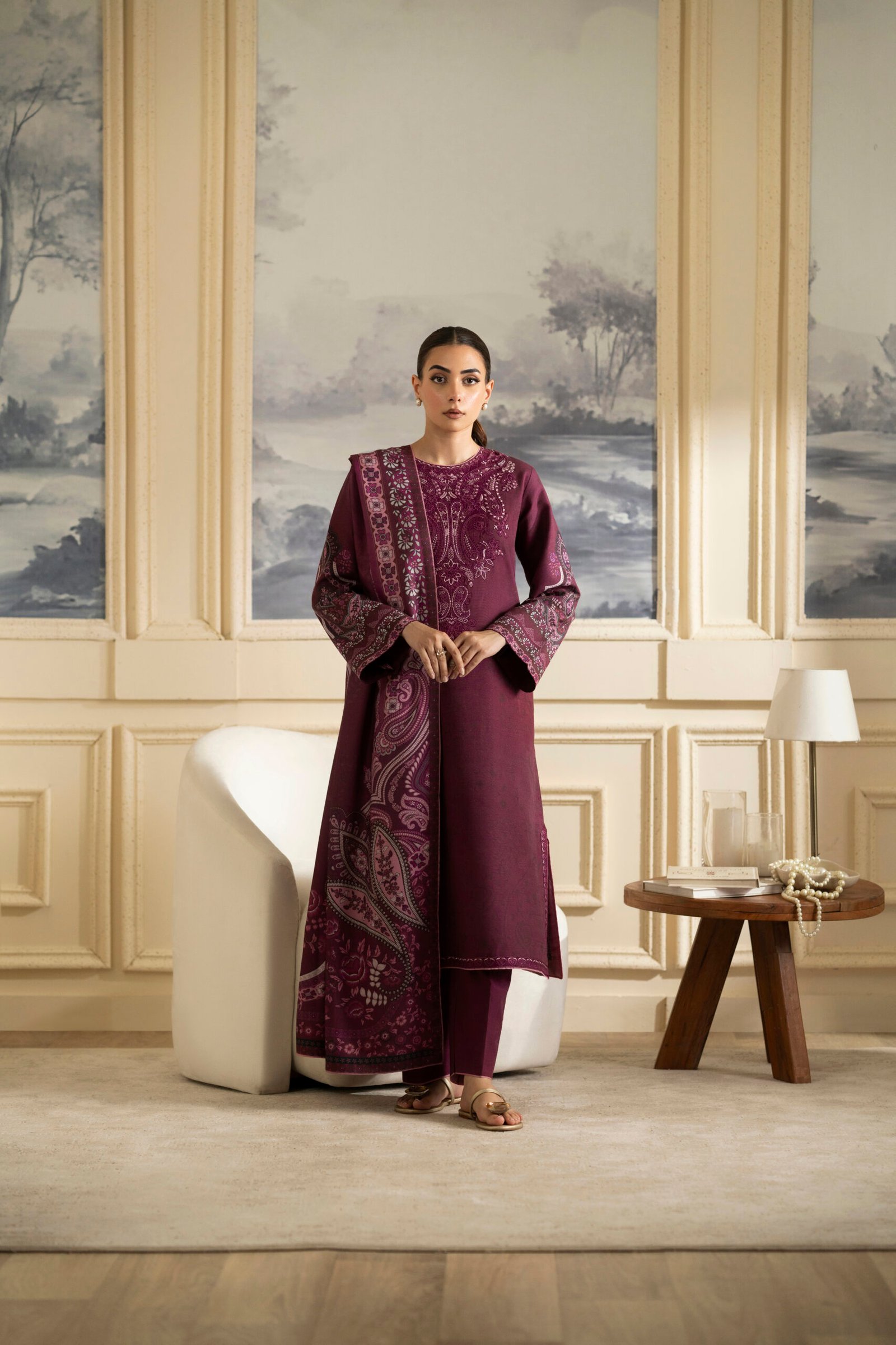 Plum Paisley Winter Embroidered Suit