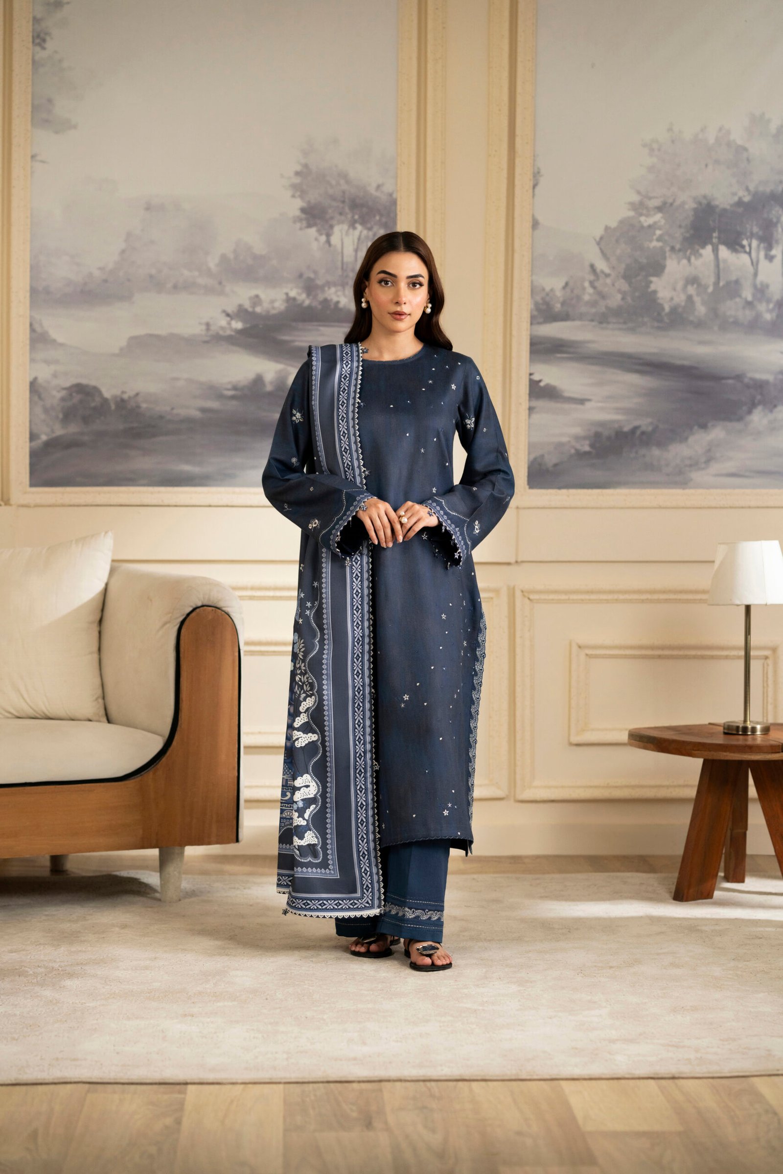 Midnight Blue Embroidered Winter Suit