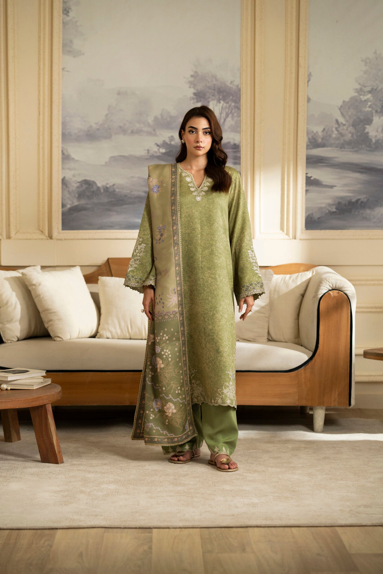 Sage Green Elegant Embroidered Outfit