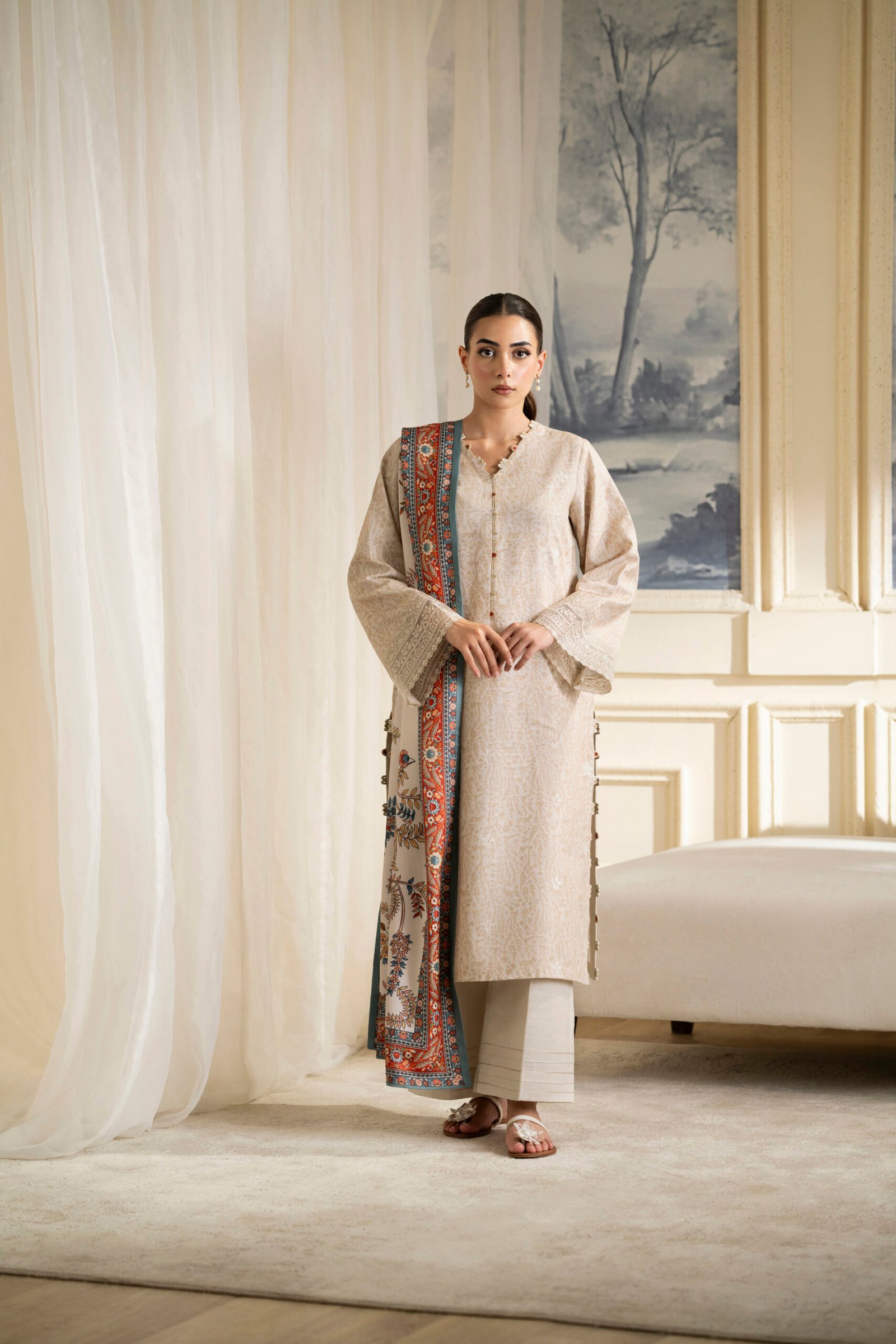 Soft Beige Textured Embroidered Suit