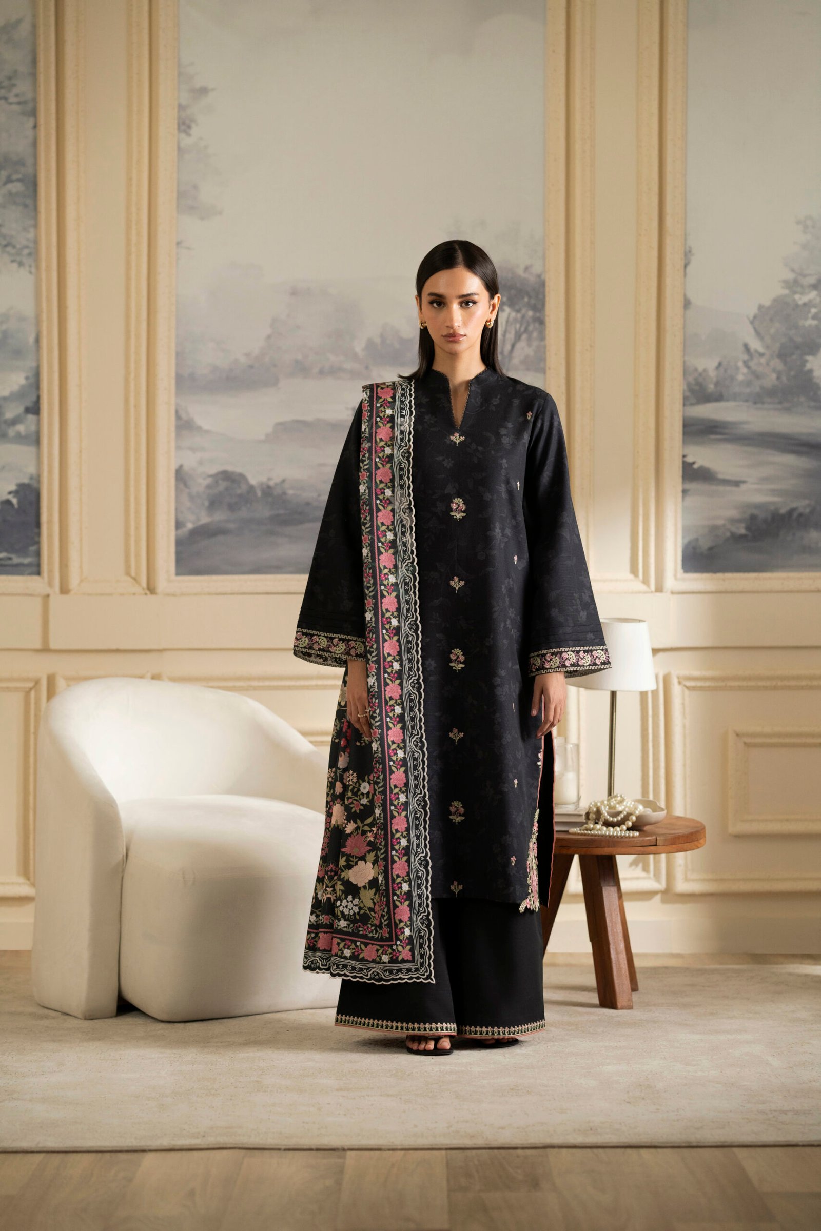 Noir Floral Embroidered Black Suit