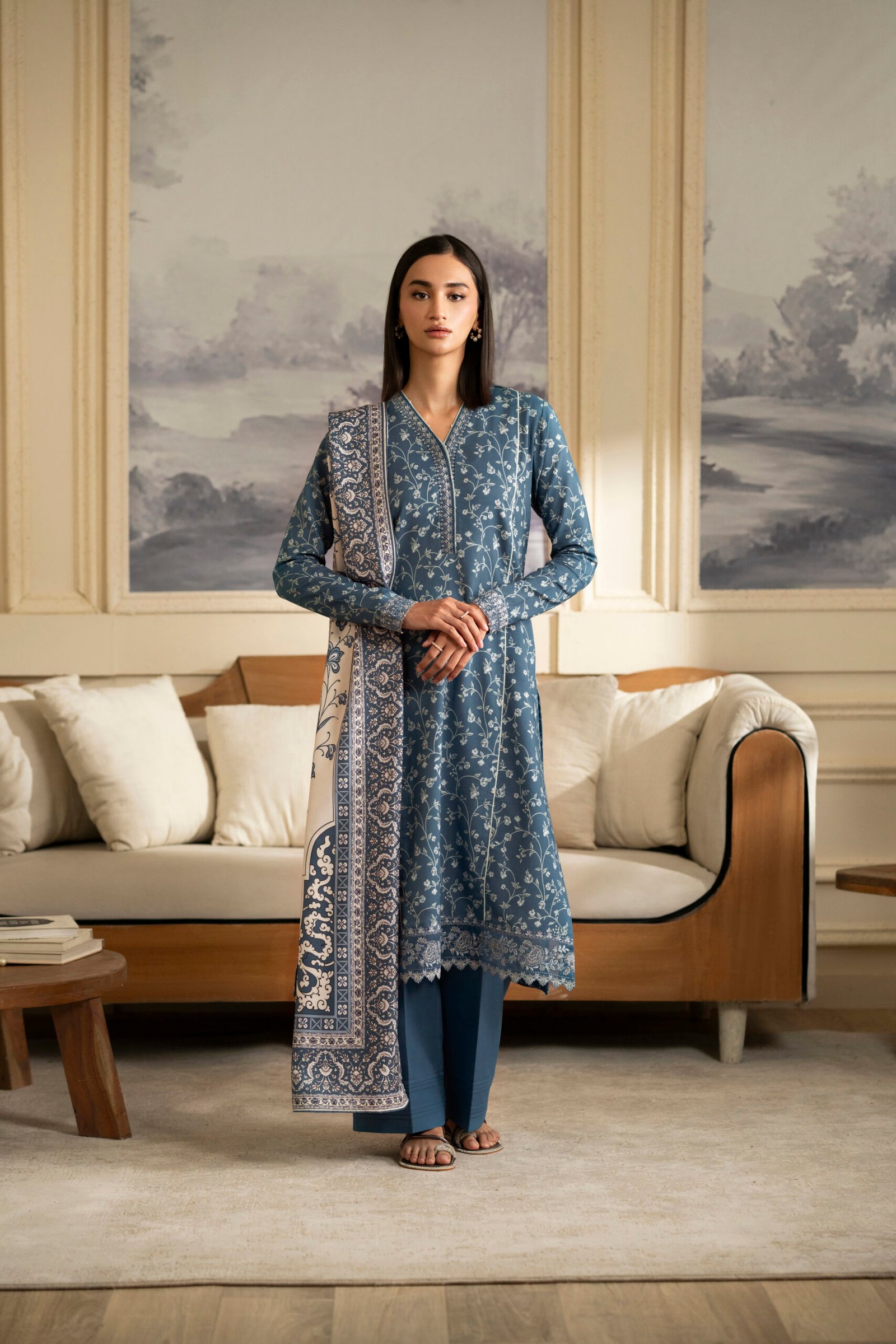 Slate Blue Floral Printed Suit