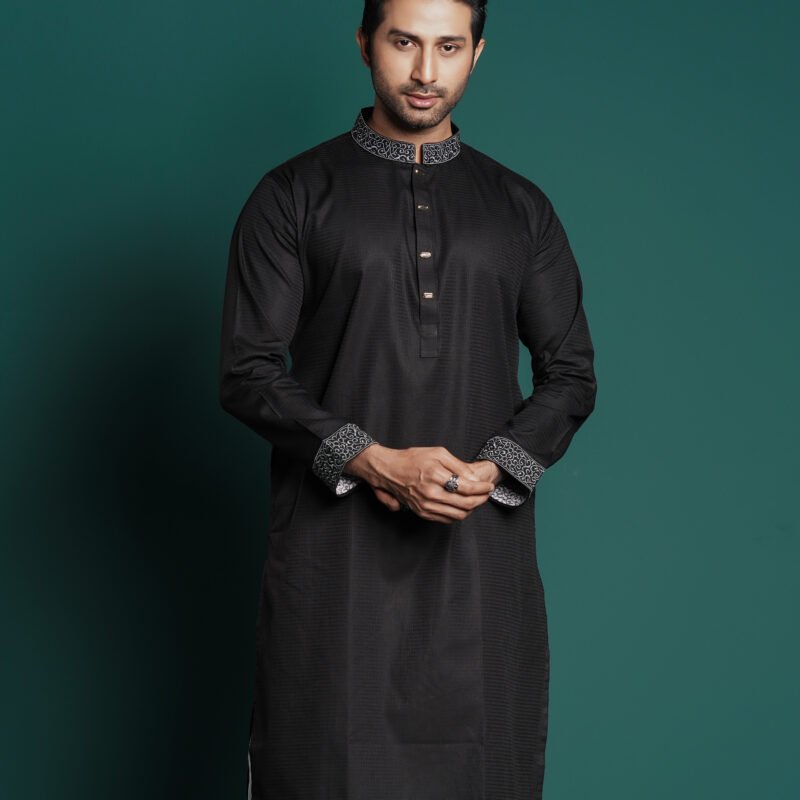 Black Premium Kurta with Embroidered Cuffs