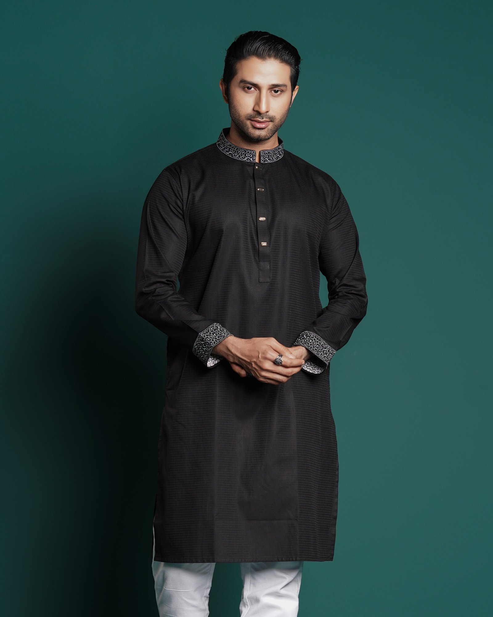 Black Premium Kurta with Embroidered Cuffs