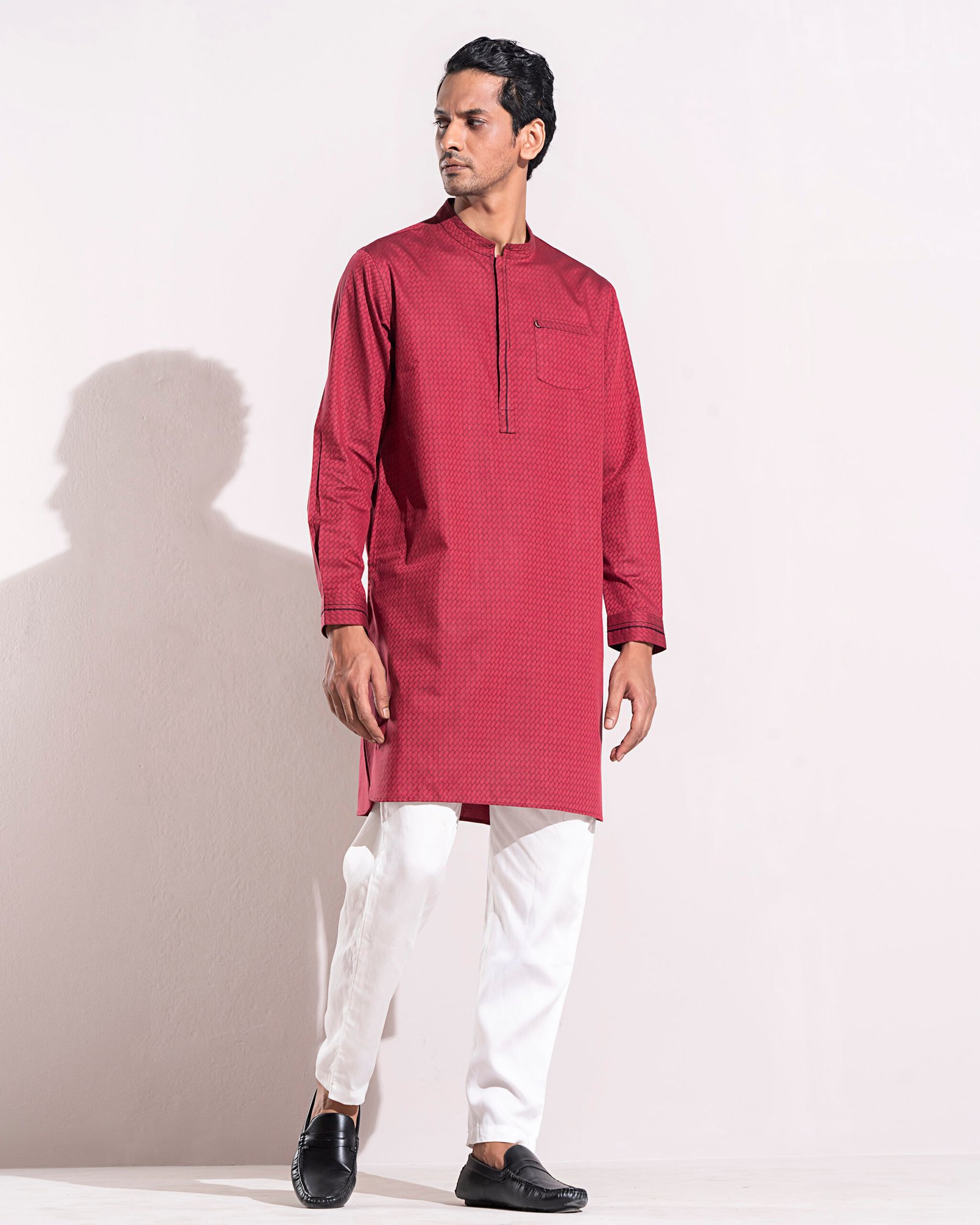 Red Textured Kurta with White Pajama