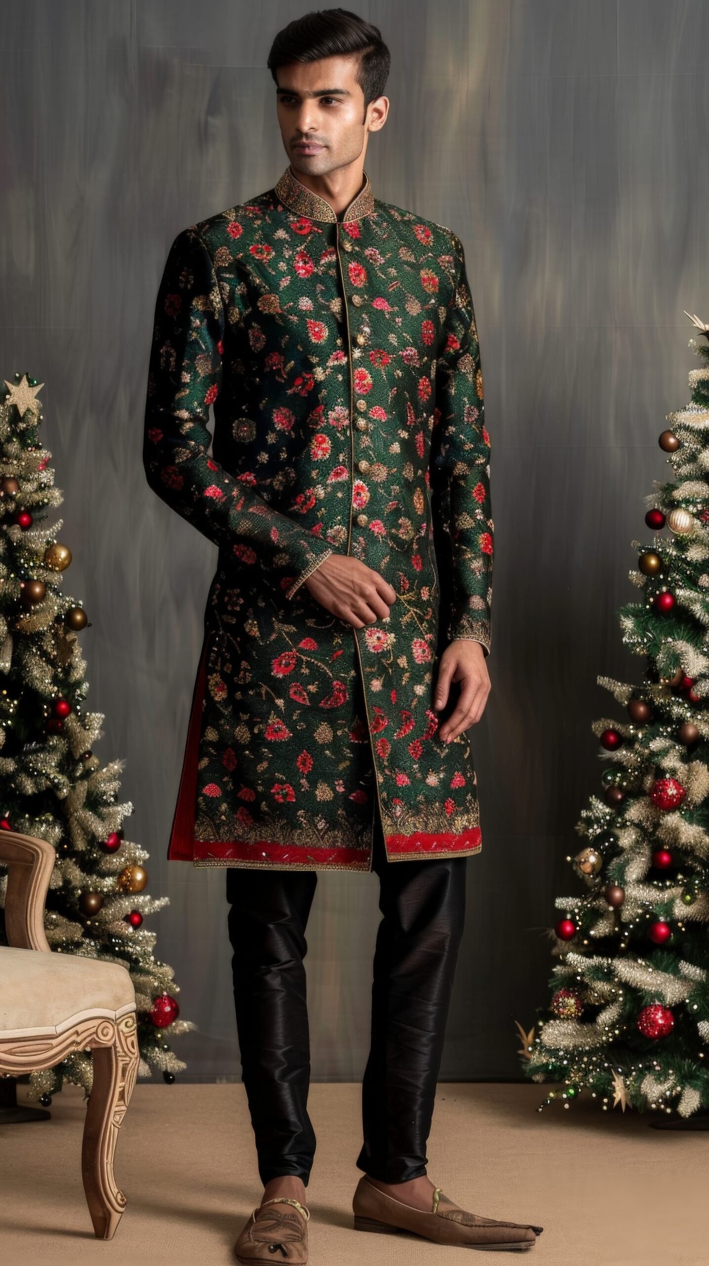 Green Floral Sherwani