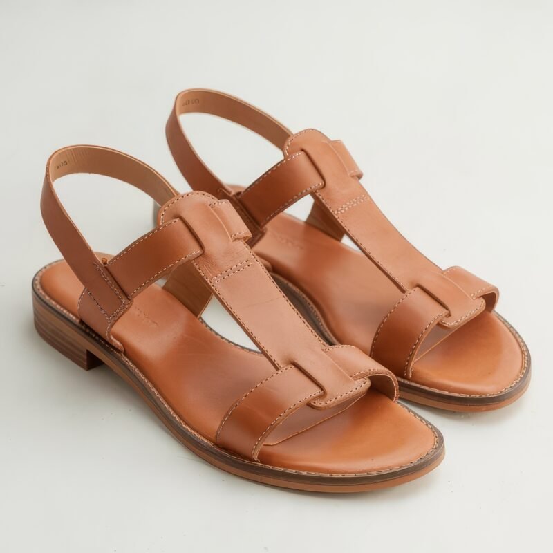Tan Leather T-Strap Sandals